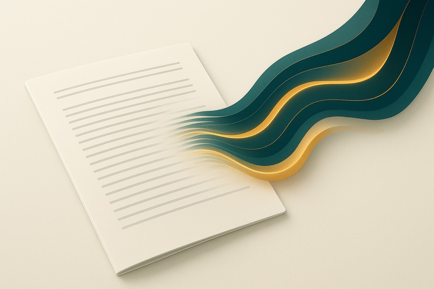 A manuscript page dissolving into flowing teal and gold ribbons — research grounded in evidence.